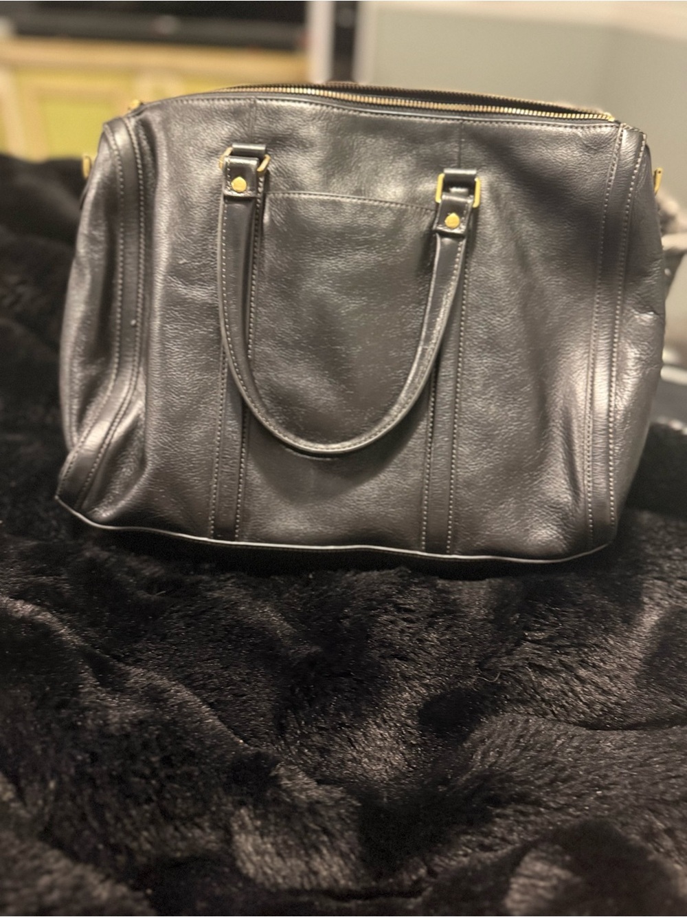Fossil Black Leather Structured Satchel with Gold Accents